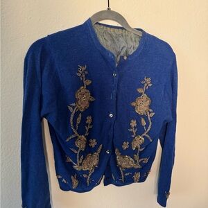 1950s Beautiful Embroidered Blue Cardigan Sweater